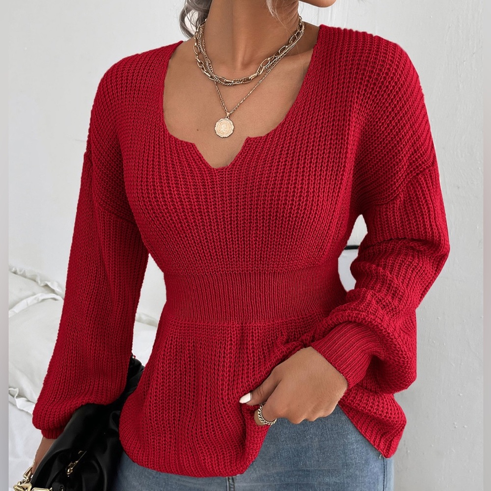 Notched Neck Bishop Sleeve Ribbed Knit Sweater
